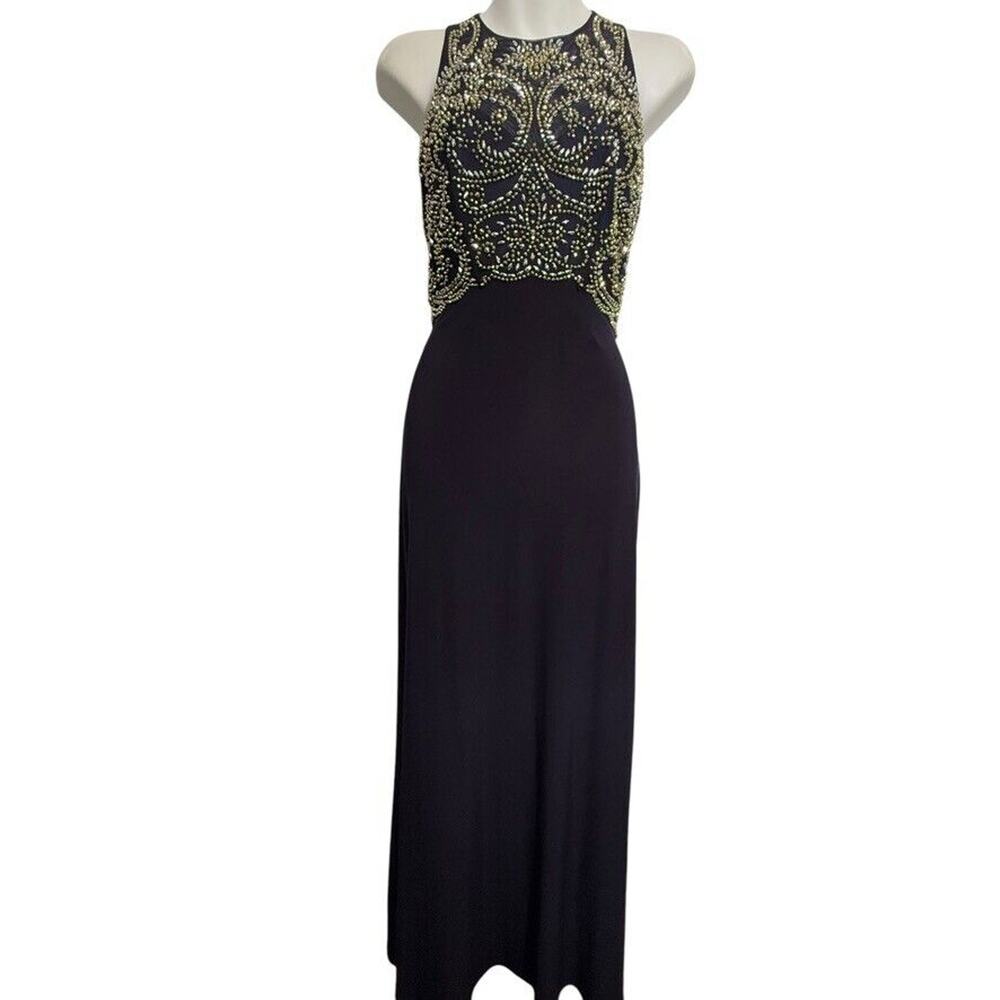 Cachet Womens Formal Beaded Illusion Neck USA Made Y2K Navy Dress Long sz 4